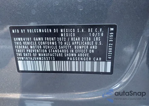 2017 Volkswagen Jetta 1.4T S z USA, uszkodzony, nr VIN 3VW167AJ5HM253713